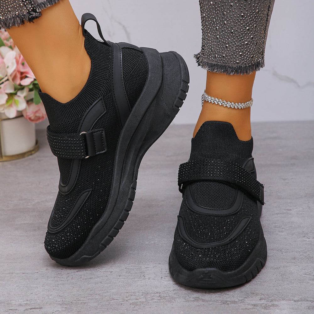Exportplus sizespring & fallnew arrivalfashion rhinestone deep mouth thick sole breathable beaded velcro fly woven sports casual shoes