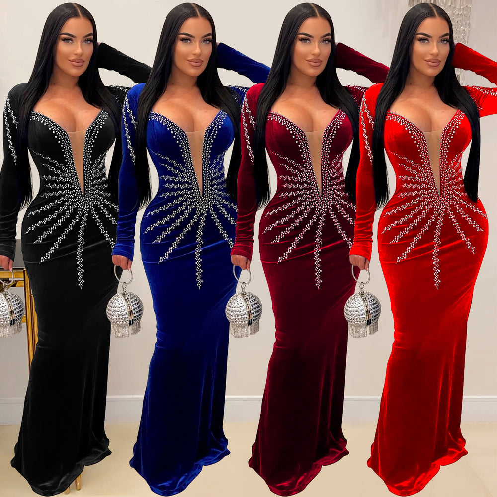 C6827 cross-border   fashion women's solid color sexy rhinestone long sleeve maxi dress