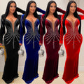 C6827 cross-border   fashion women's solid color sexy rhinestone long sleeve maxi dress