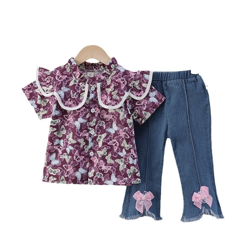 Summer floral dress set for 0-4 year old baby girls - single-breasted skirt, short-sleeve children's summer outfit
