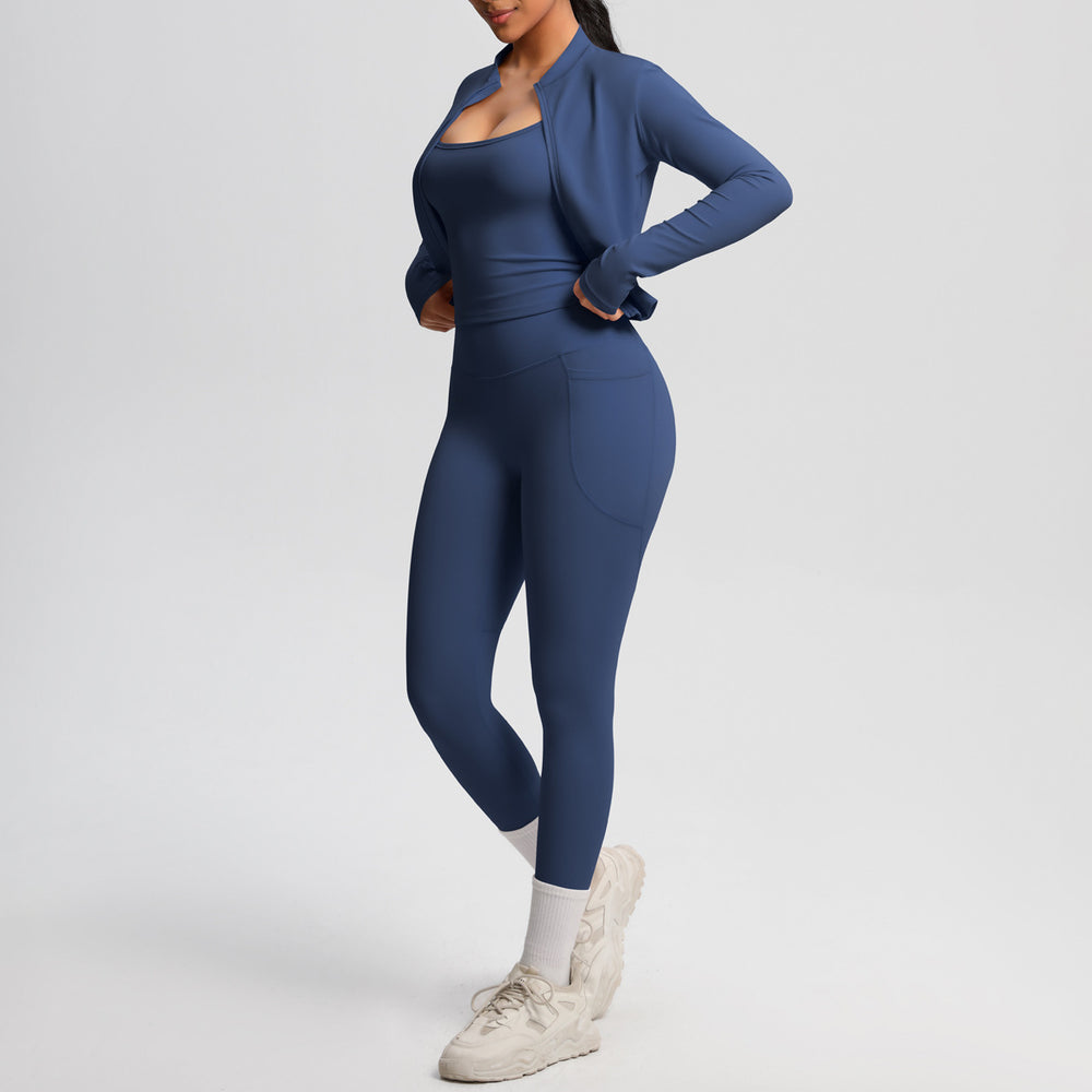 Fashion cross-border new cloud-sensing brushed sports vest flap pocket pantscasual hip-lifting fitness yoga wear three-piece set