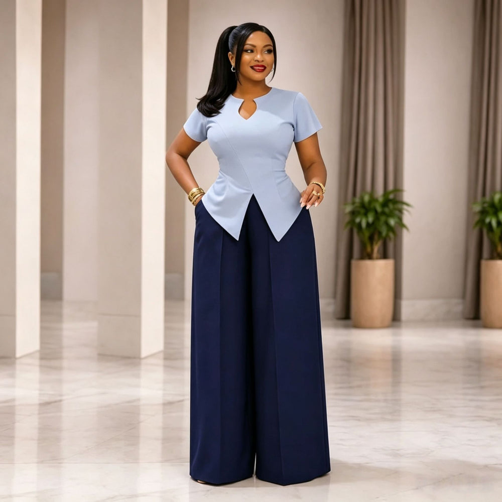 European and american cross-border women's fashion  summer new arrival: elegant commute slim-fit short sleeve top and wide-leg trousers casual set