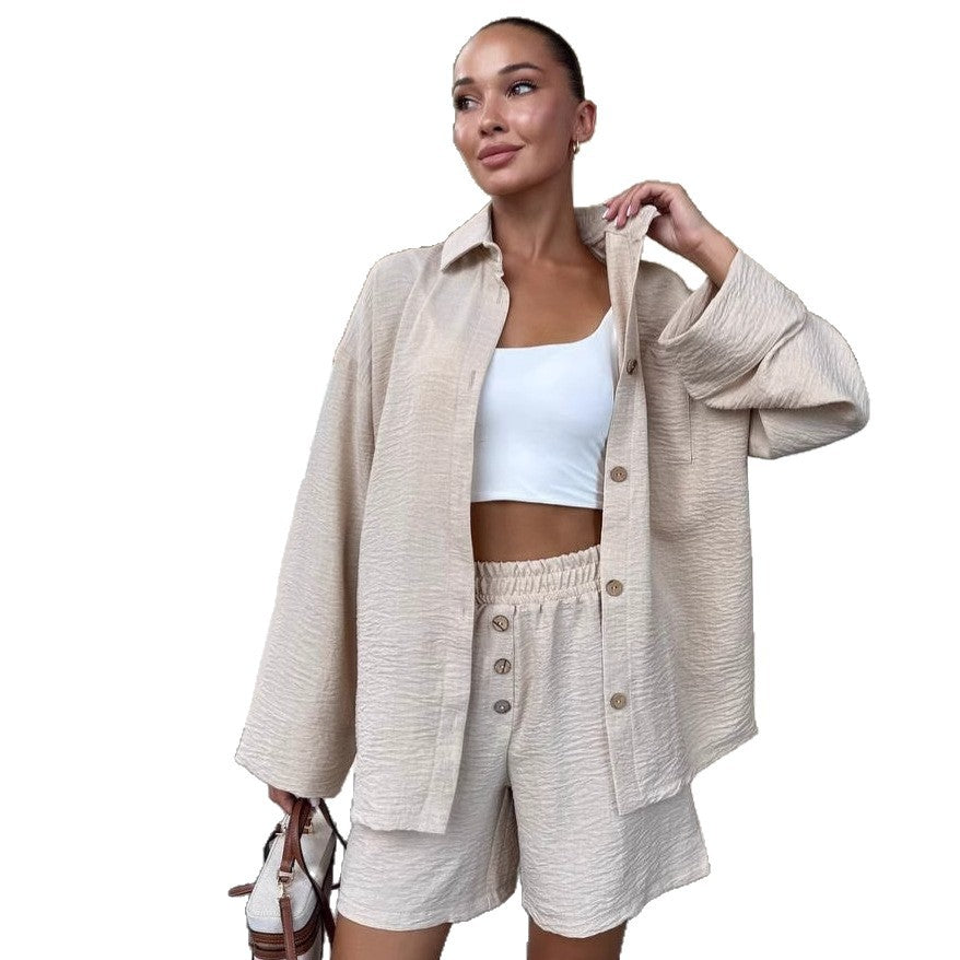Cross-border European and American solid color large size casual cardigan shirt set women's  fashion design shorts two-piece set tide