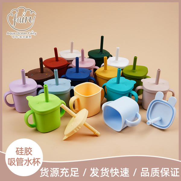 Wholesale silicone straw water cup high temperature resistant and anti-drop cup infant learning drinking cup training suction cup baby complementary food cup
