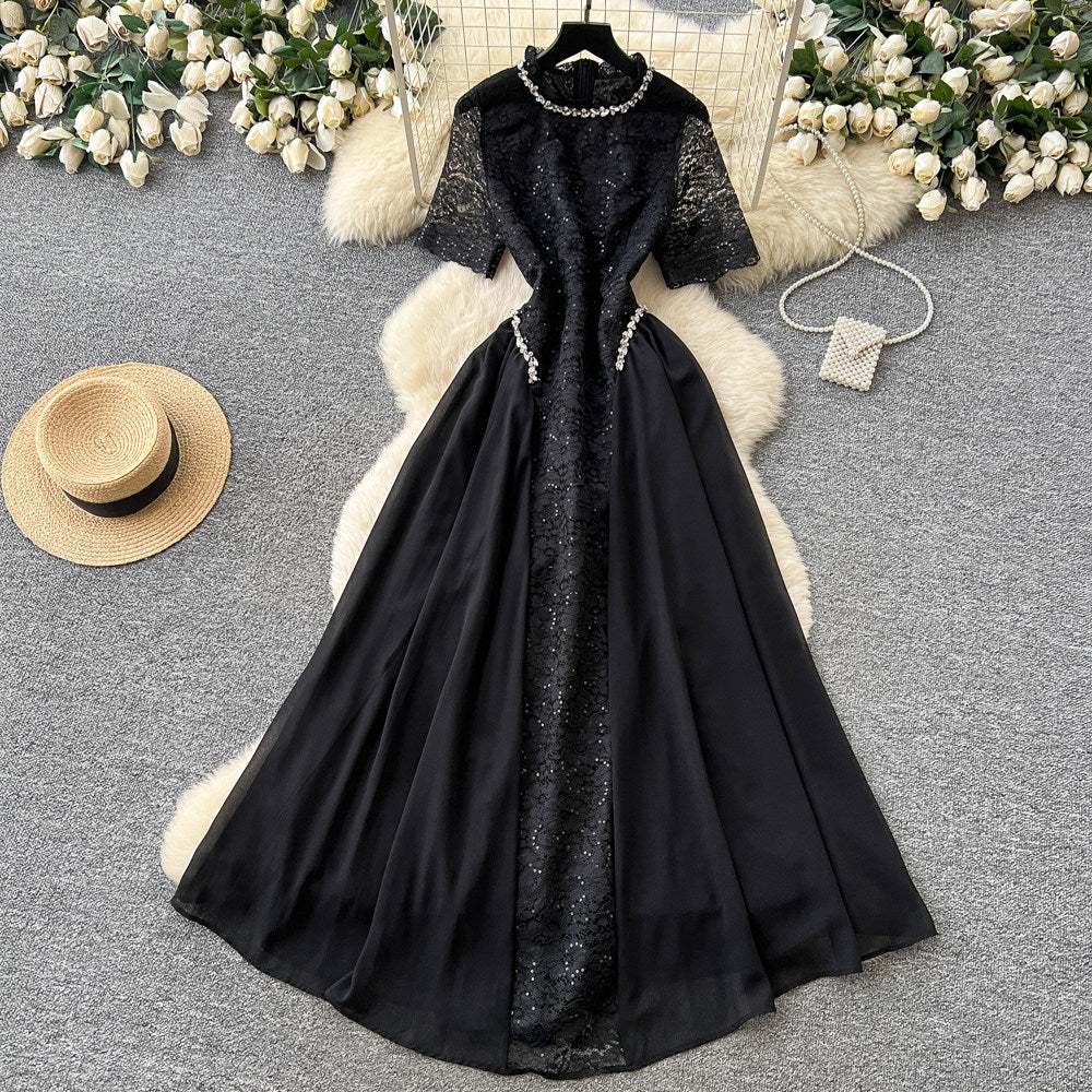 French style lace embroidery a-line dress - women's summer short sleeve high waist slimming elegant maxi dress