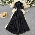 French style lace embroidery a-line dress - women's summer short sleeve high waist slimming elegant maxi dress