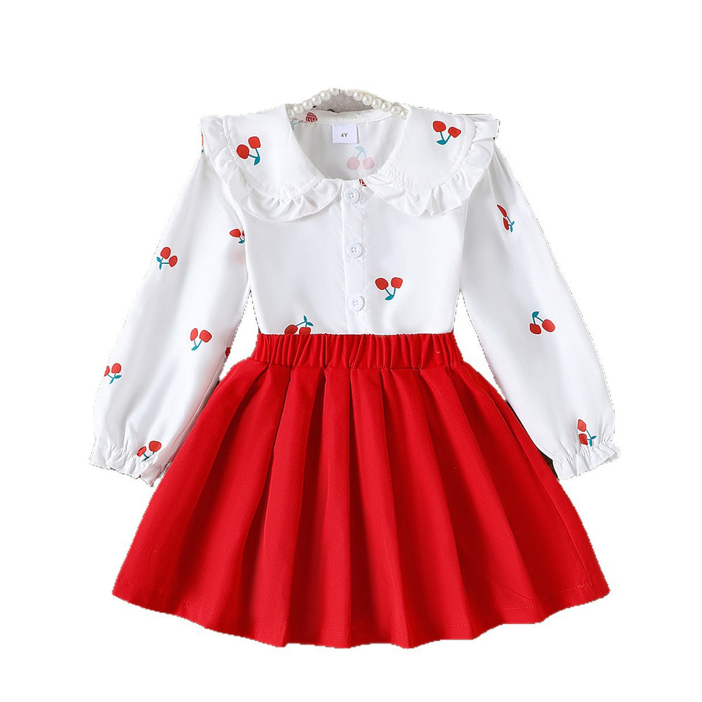 Children's clothing cross-border girl suit cherry white long sleevestops + red skirt