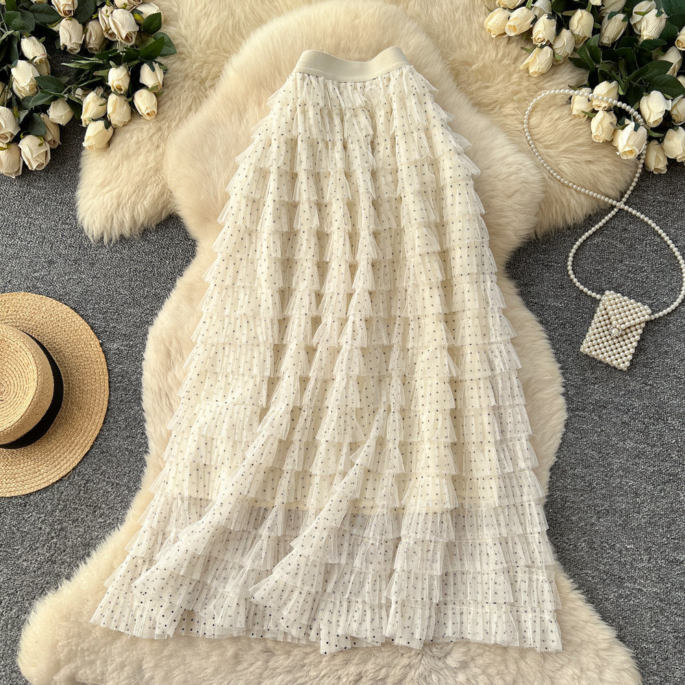 Fairy style high waist mesh patchwork cake skirt for women spring layered fluffy skirt slimming lookeasiest for matcha-line long skirt
