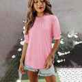new women's solid color button-down crew neck ruched mid-sleeve top for cross-border