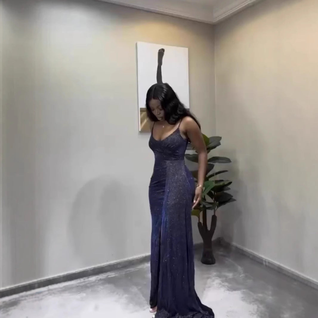 European and American style fashion new product flash suspender low-cut sexy irregular hip-wrapped dress women's clothing