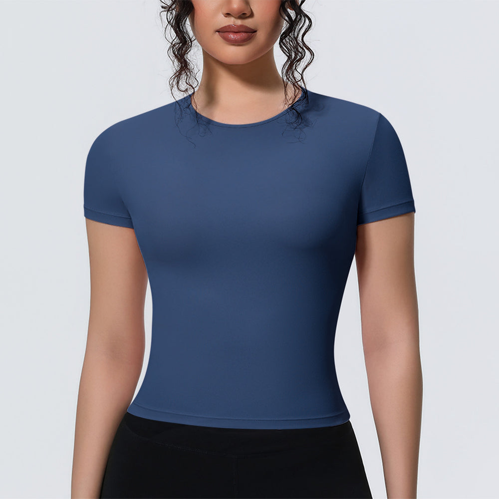 new arrival sports nude waist silm short-sleeved breathable yoga clothes t-shirt running training fitness tops for women