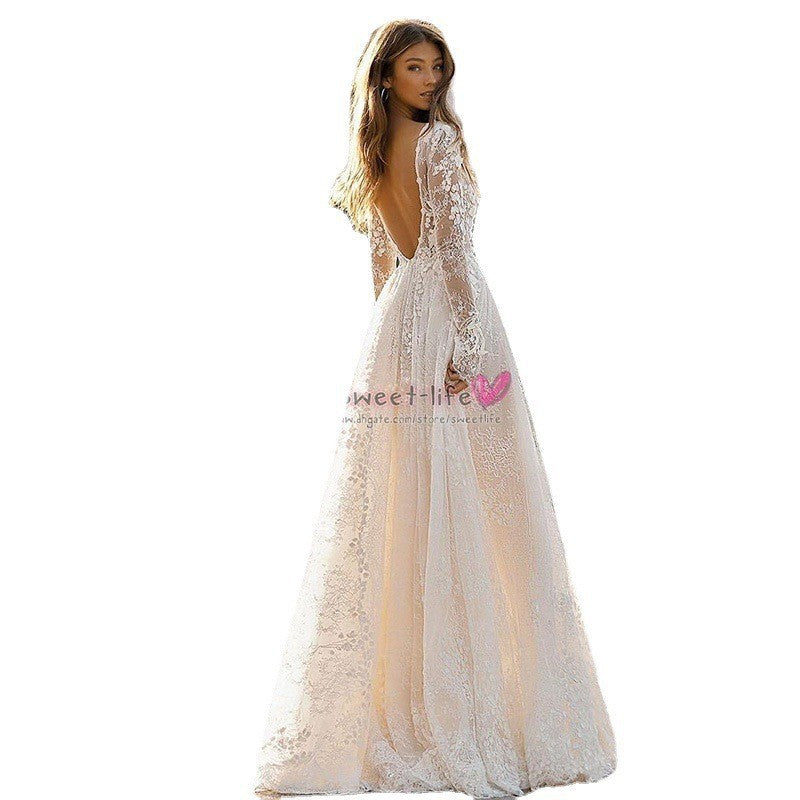 cross-border e-commerce women's wedding dress  sexy lace long sleeve vacation dress evening party gown spring