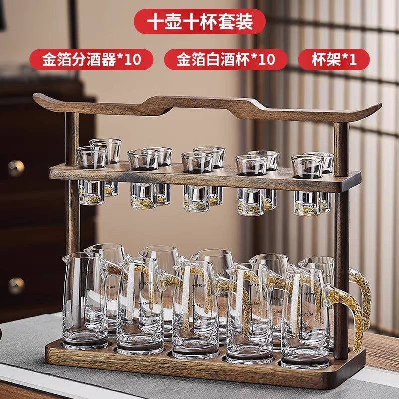 High-end acacia wood white wine glass set - home use, light luxury crystal glass shot glasses, gold foil wine pourer, barware set
