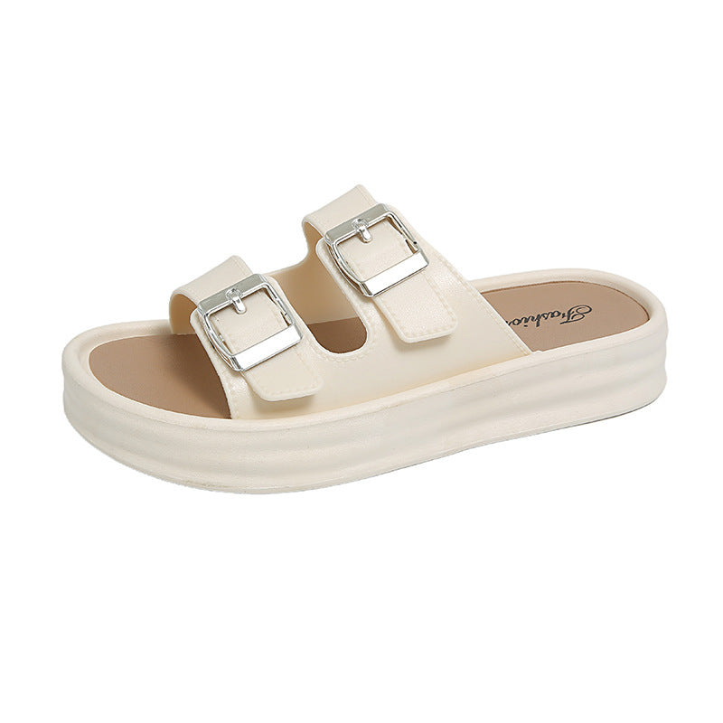 Retro color slippers for women new arrival double leather belt buckle flip-flops spring and summer outwear stepping on shit feeling half slippers beach sandals