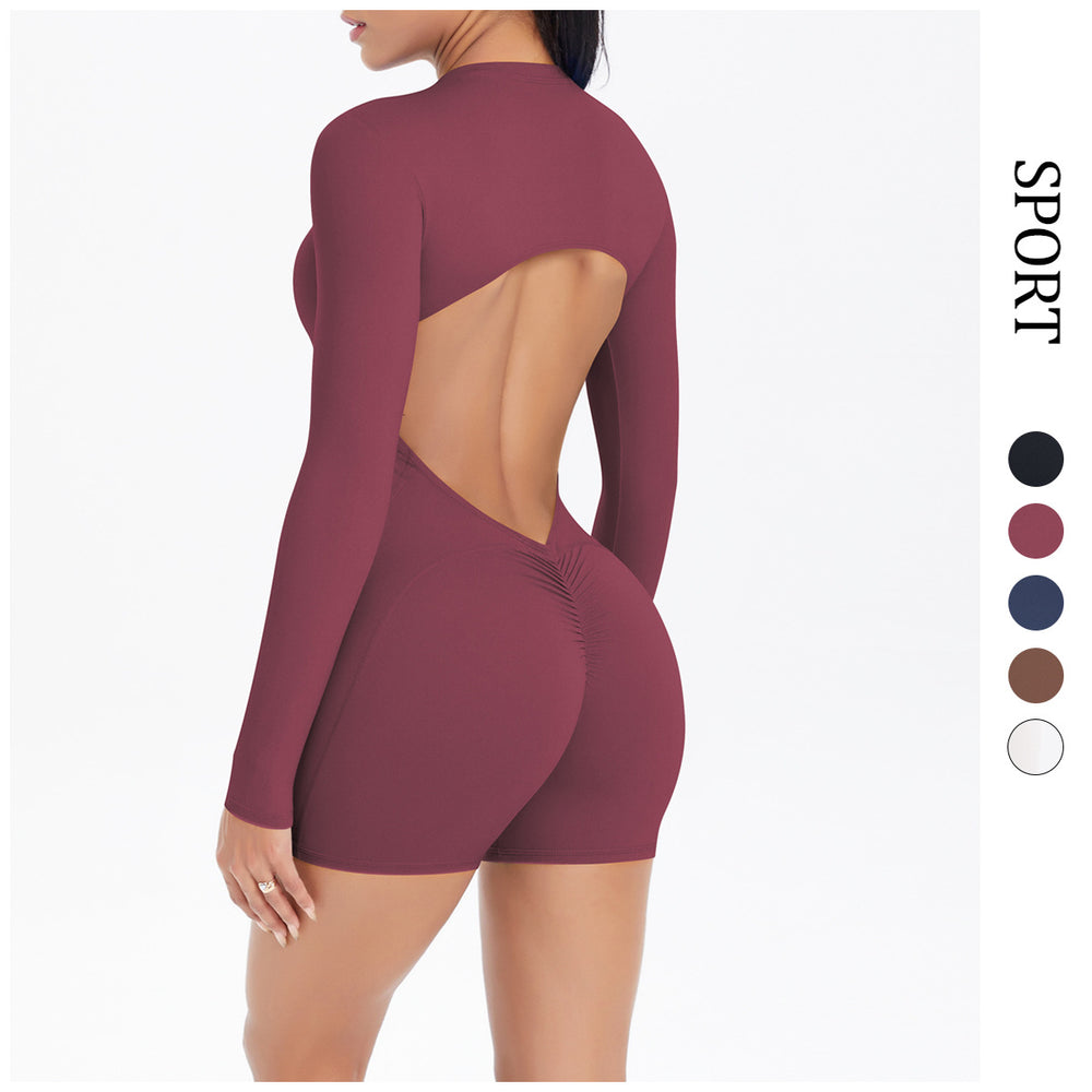 Fashioncut out beautiful back half open zipper jumpsuit peach butt lift sports fitness nude quick dry jumpsuit yoga clothes