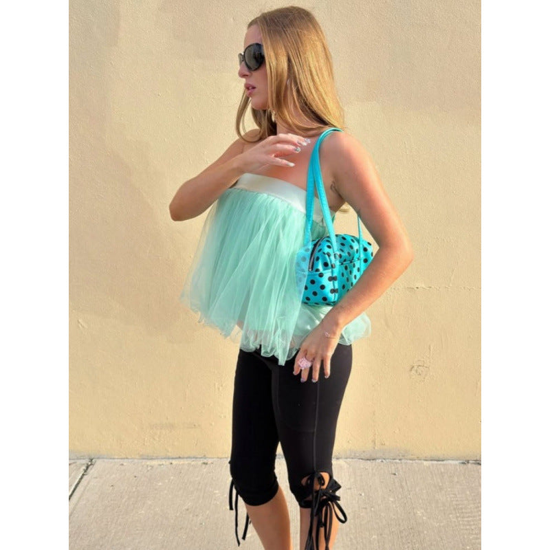 European and american women's clothing  summer new fashion hot girl off-the-shoulder sheer tube top short sleeveless chiffon tank top