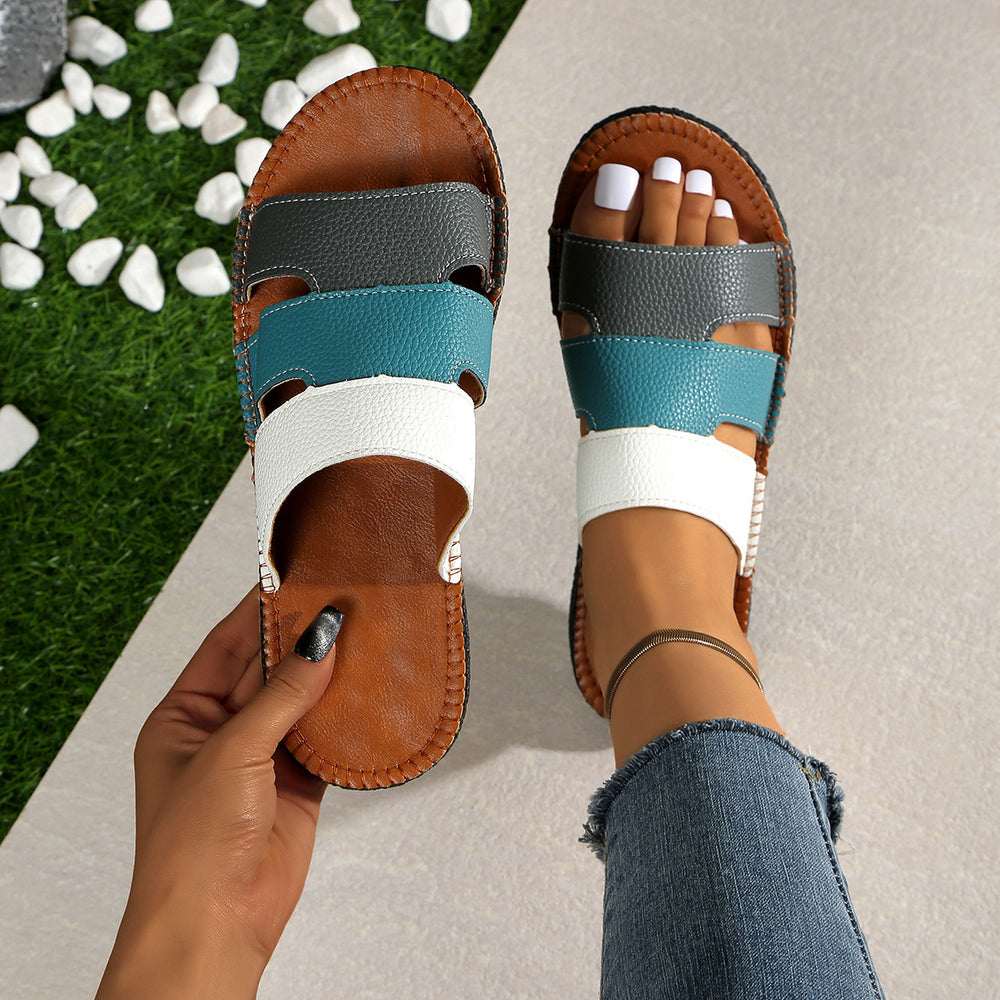 European and american export plus size patchwork flat slippers women's cross-border round toe woven one-strap outdoor beach sandals