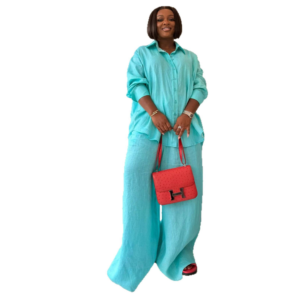 European and american women's clothing  autumn new sweet and fresh turn-down collar bowknot long-sleeved shirt and wide-leg pants two-piece set