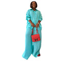 European and american women's clothing  autumn new sweet and fresh turn-down collar bowknot long-sleeved shirt and wide-leg pants two-piece set