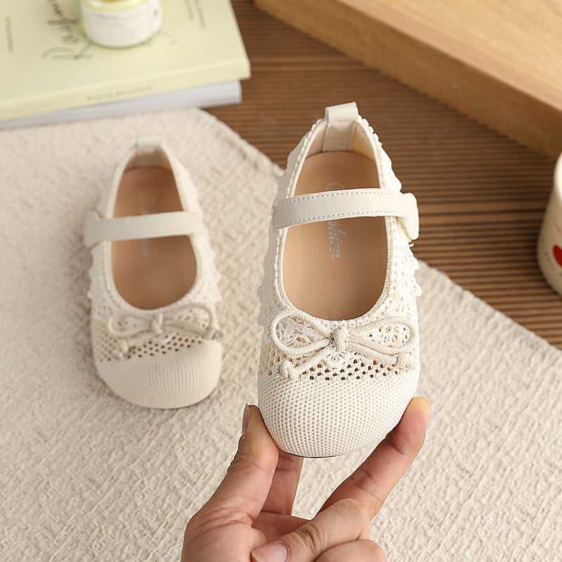 Vancahao children's shoes  spring and autumn new soft sole leather shoes korean style girls' hollow lace bow princess shoes