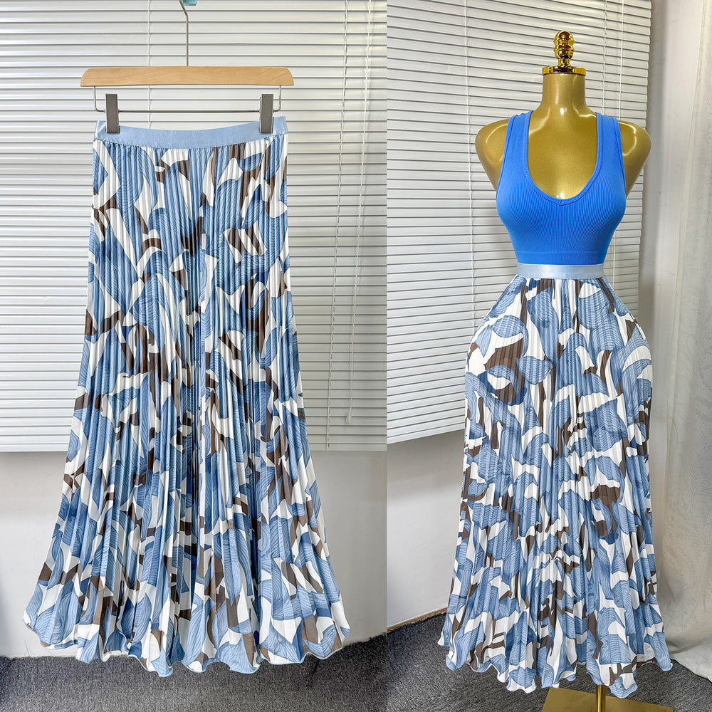 Exportsweeteasiest for matchpleated skirt large swing printing skirt women's frenchhigh waista-line medium long pleated skirt