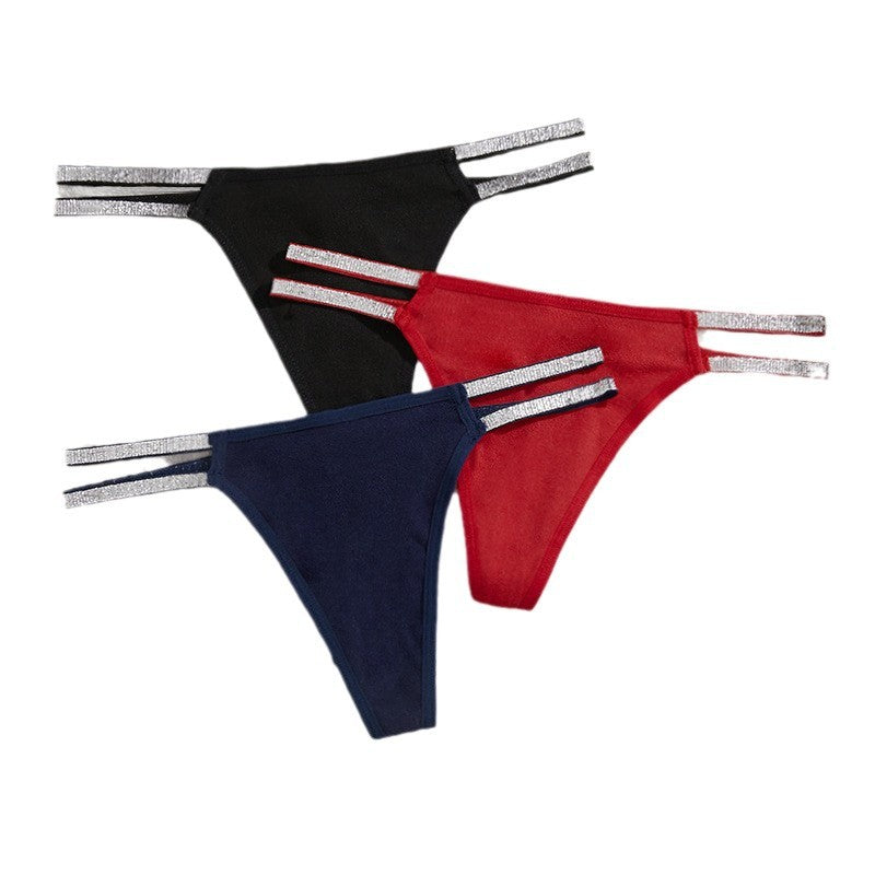European and american size women's thong one-piece double silver thread ribbon solid color breathable  new sexy underwear for women