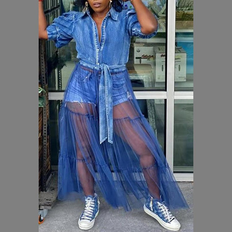 new european and american plus size women's dress cardigan long skirt elegant commute blue denim patchwork mesh skirt