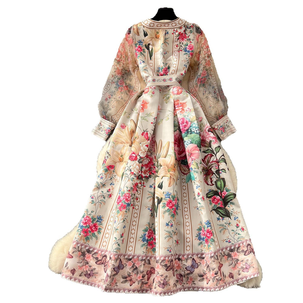 European and american court style vintage v-neck mesh lantern sleeve tie-waist design maxi printed dress