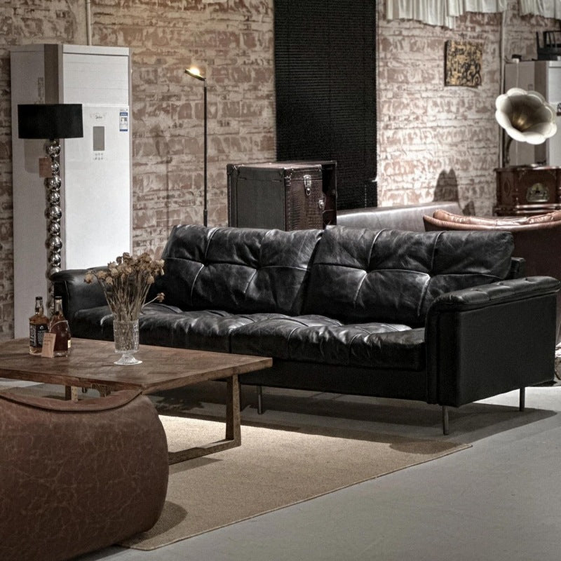 Vintage leather sofa - black oiled leather nebula sofa - retro designer living room sofa - small apartment 3-seater