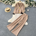 Xiaoxiangfengclassy heavy industry metal buttons v necklong sleevesknittingtops women's high waistloosestraight-leg pantssuit