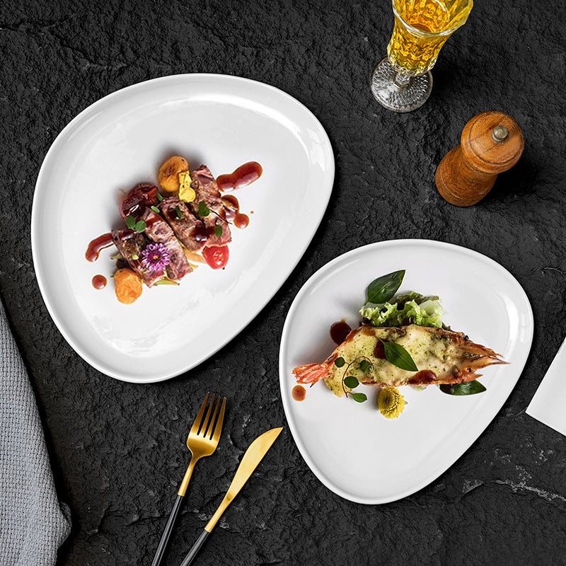 Creative minimalist ceramic steak plate - restaurant, hotel, and home use - triangular deep dish for fruit, salad, and baking