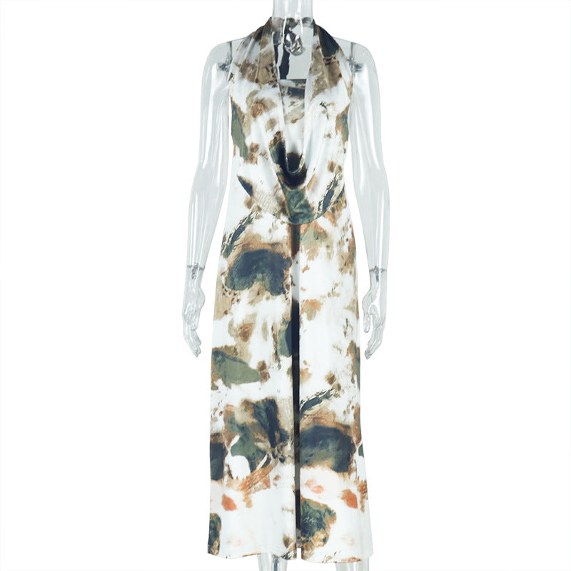 European and american style casual fashion women's printed ruched backless dress set - sleeveless tie-up deep v-neck maxi dress two-piece outfit