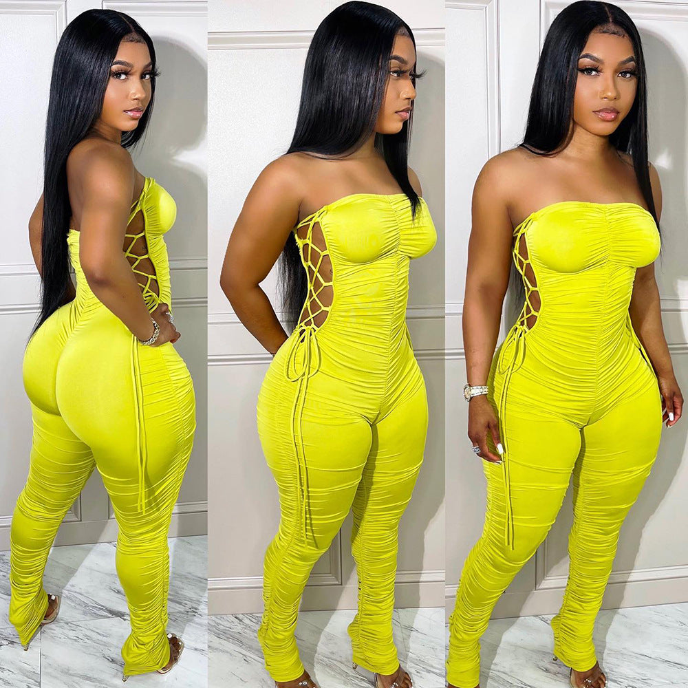 Fashion cross-border supply  women's clothing silm side tie pleated milk silk flat chest jumpsuit