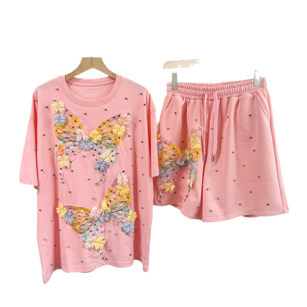 Fashionsuit european goods sense of design butterfly diamond short-sleeved t-shirt tops women + elastic waist wide-leg shorts two-piece set