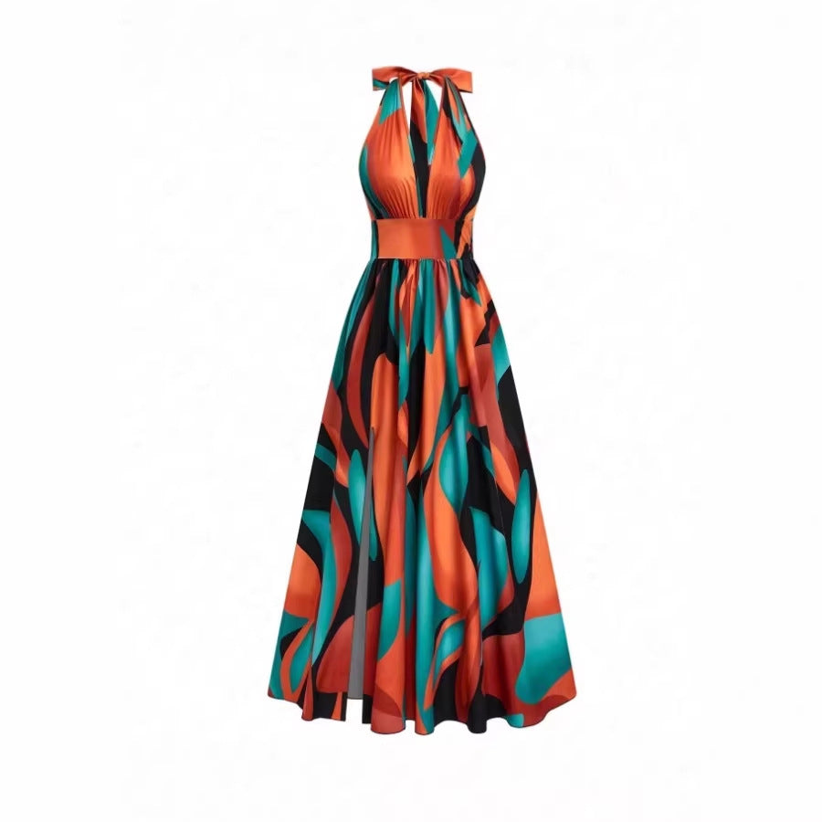 Amazon cross-border french casual elegant sexy high-end design v-neck cutout back slit a-line sleeveless maxi dress