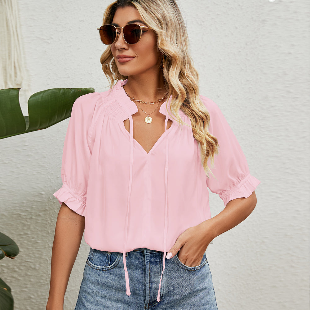 fashion cross-border trade  new independent station lace-up princess sleeve pleated chiffon top for women