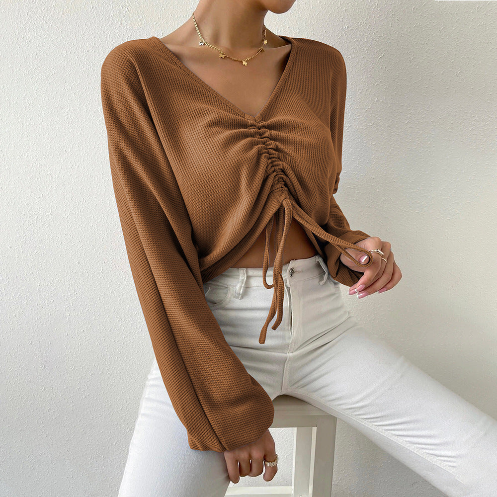 spring/summer new arrivals: european and american style loose fit casual v-neck drawstring waffle knit long sleeve cropped t-shirt - versatile top