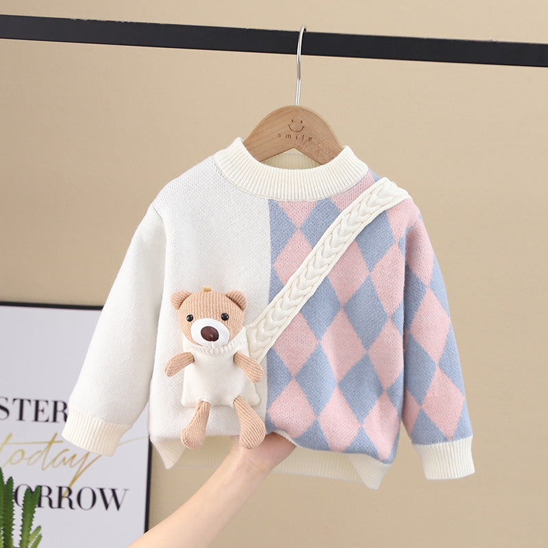 Winternew arrivalfleece-linedkidssweaterboys and girls cartoon flap pocket pants bear bottom k-styleknitting shirt