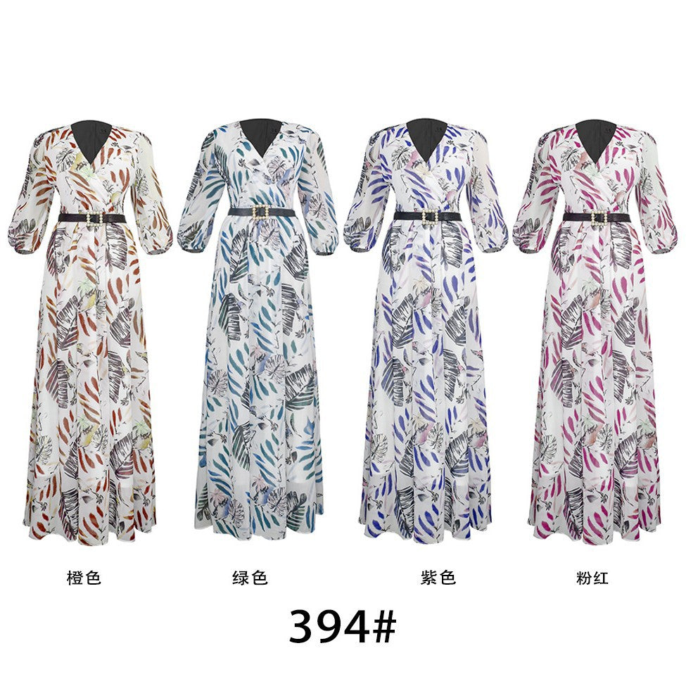 African women's clothing   new sexy v-neck printed dress european and american  long maxi skirt + belt