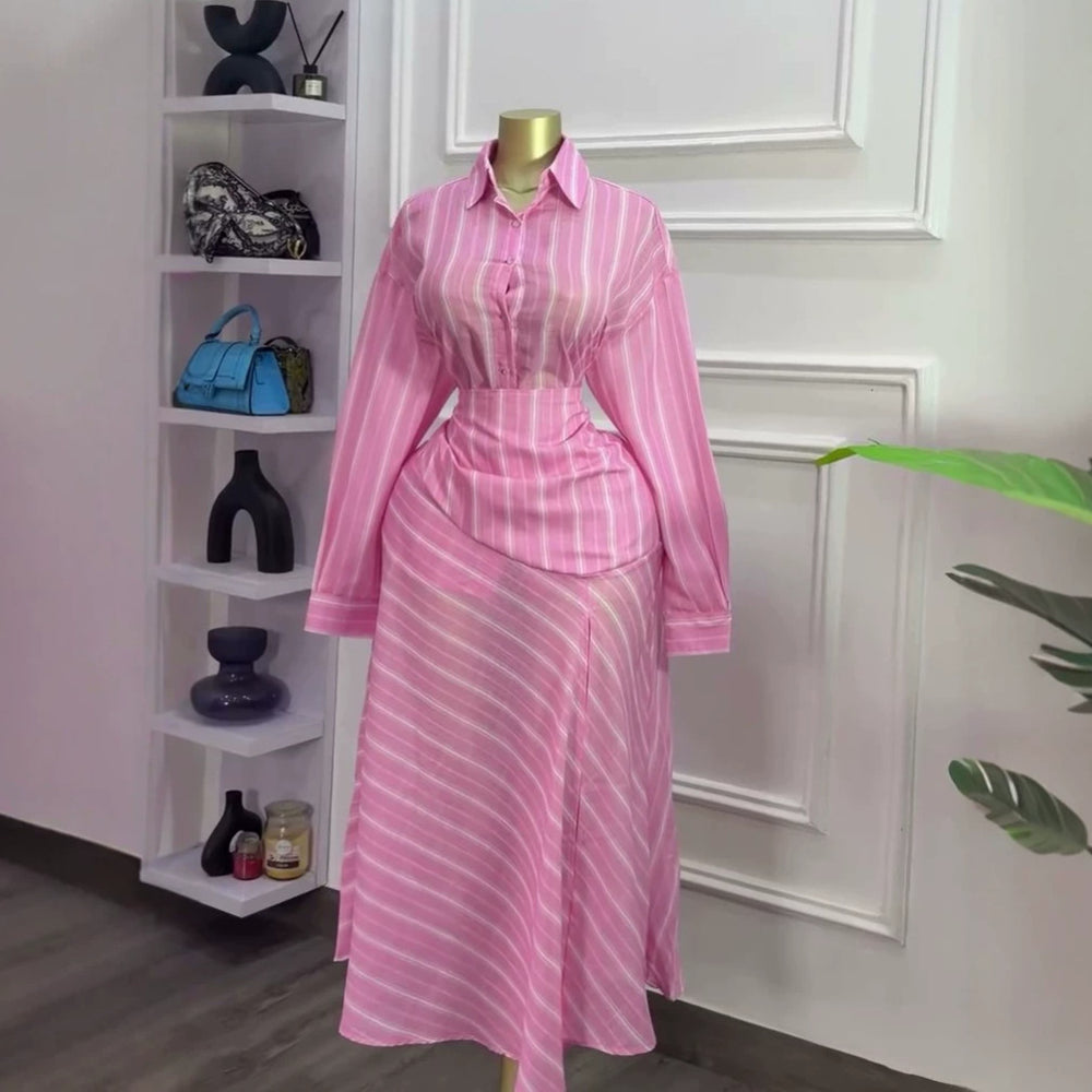 European and american cross-border women's fashion:  summer new collection - stylish striped slim-fit long sleeve blouse and high-waisted midi skirt set