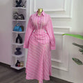 European and american cross-border women's fashion:  summer new collection - stylish striped slim-fit long sleeve blouse and high-waisted midi skirt set