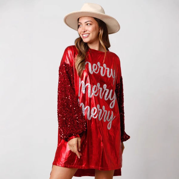 European and american cross-border women's fashion  christmas new arrival sequin long sleeve patchwork round neck printed midi dress