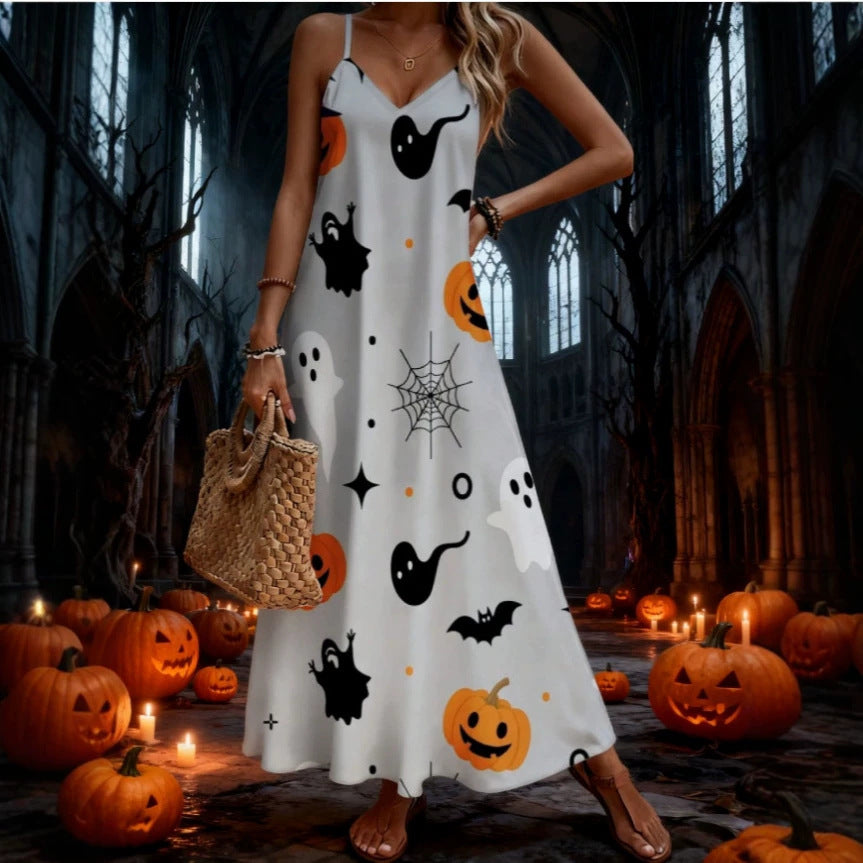 halloween pattern printing longdressv neckloose vacation suspender skirt