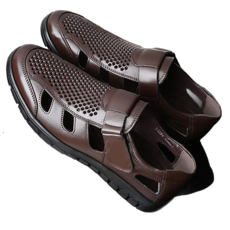Special big salenew arrivalmen leather sandals summer breathable leather shoes middle-aged and elderly soft bottom dad hole shoes cut out