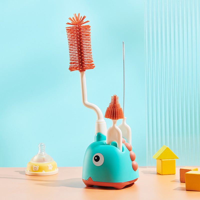 Baby cleaning brush set - includes cup brush, straw brush, storage box, base, silicone nipple brush, and bottle brush