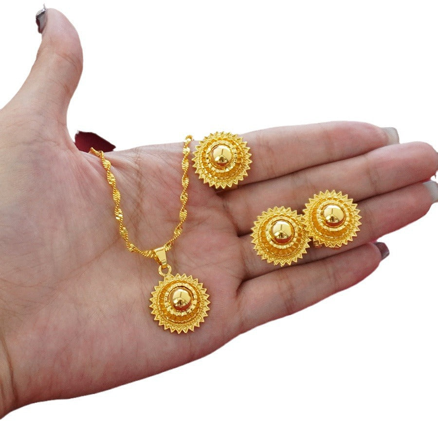 Wholesale cross-border middle eastern polished ball design gold-plated necklace, pendant, earrings, and ring three-piece jewelry set