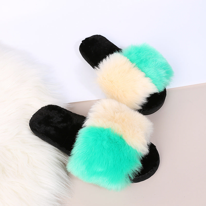 European and american style 2024 autumn/winter plus size color block thickened flat slippers, celebrity-inspired fuzzy slippers for women