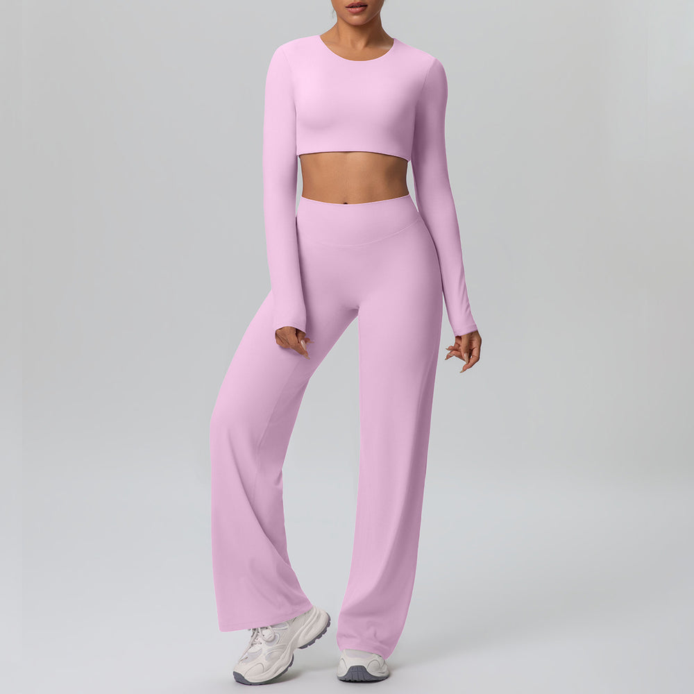 High-waisted, straight-leg, wide-leg, quick-drying yoga set with built-in bra pads, featuring a cropped, long-sleeved design. perfect for outdoor running and fitness activities for women