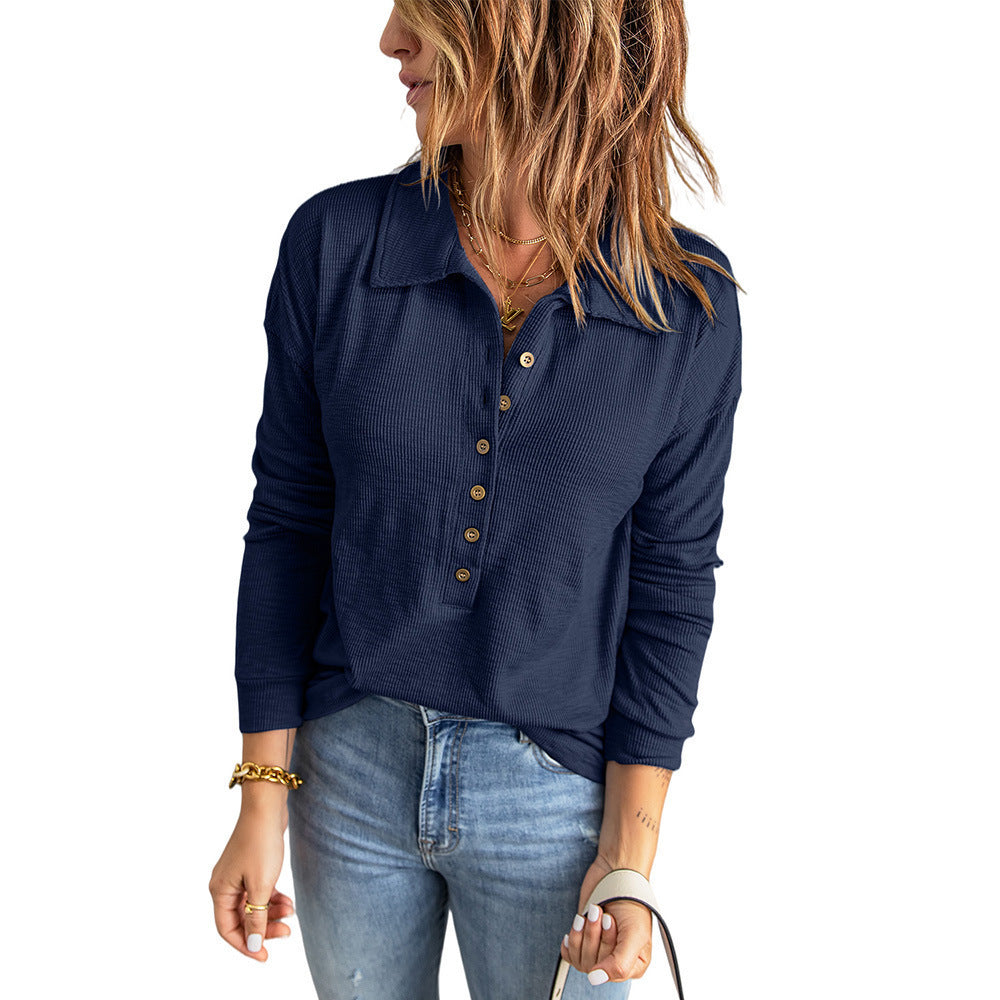 Amazon cross-border pure colorknitting shirt women's single-breasted lapel long sleevesloosecasual bottomtopsfall and winternew arrival