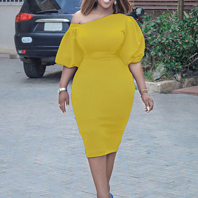 D218 european and american women's clothing  summer new arrival solid color one-shoulder puff sleeve ol style elegant plus size cross-border dress
